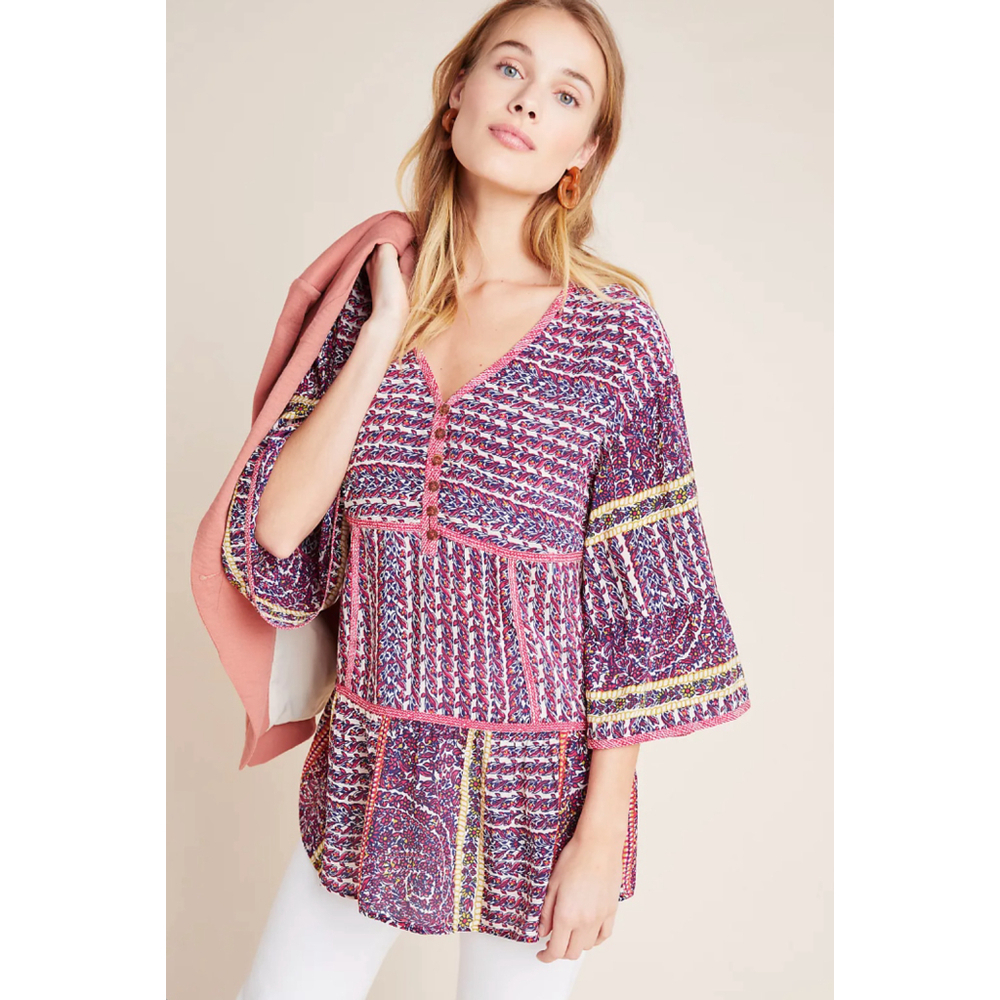 Anthropologie Maeve‎ Tiered Silk Top Size Small Boho Bohemian Peasant Lillyana